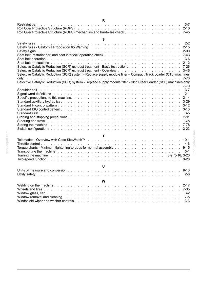 May include: A white document page with a table of contents, listing various topics related to machinery maintenance and operation. The text includes safety rules, seat belt information, and technical terms. The document is for informational purposes.