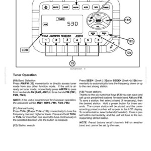 Puede incluir: Un diagrama t&eacute;cnico de un panel de control de radio etiquetado como 10-ACCESSORIES, que presenta una pantalla LCD, botones de preselecci&oacute;n numerados del 1 al 6 y varios botones de funci&oacute;n que incluyen AM/FM, MUTE, DISP, AUX, WB, TIMER, VOL, TUN y SEEK.