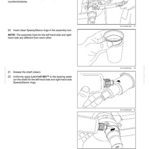 May include: Diagram illustrating steps for wheel compaction drums. Includes instructions for torquing a nut, inserting SpeedySleeve rings, greasing a shaft, and applying LOCTITE&reg; 603. The image is a technical drawing with detailed instructions.