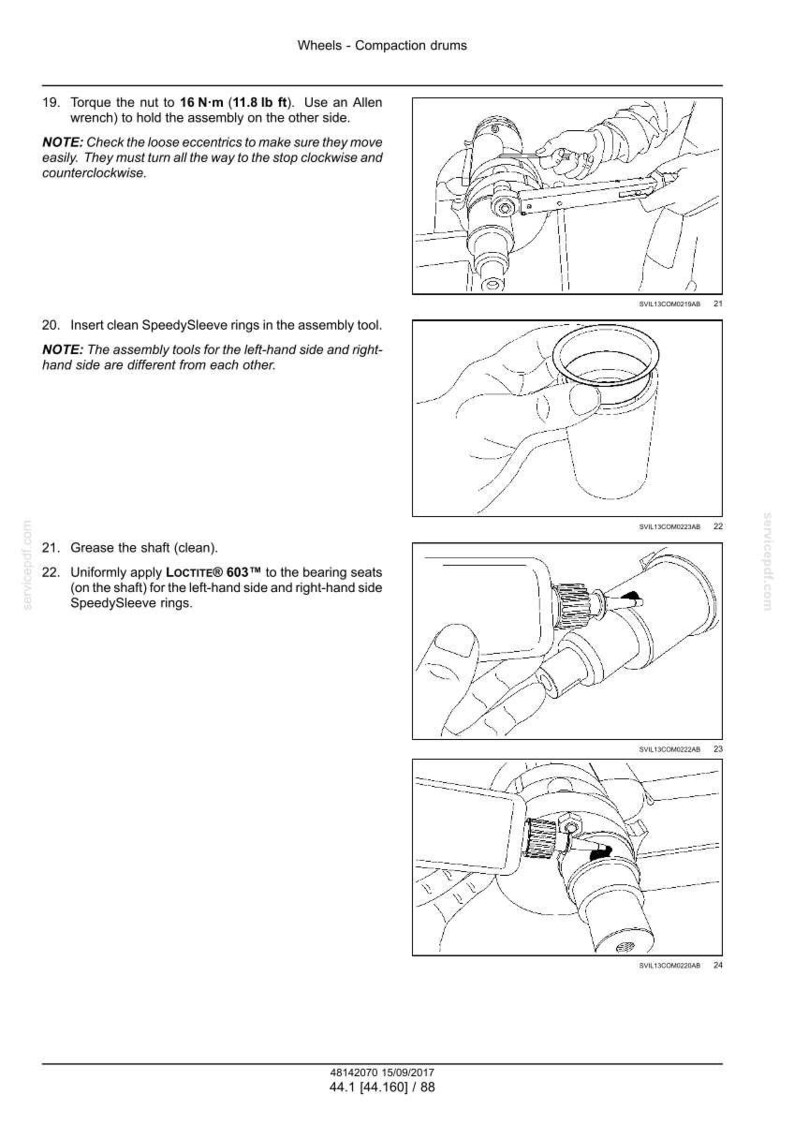 May include: Diagram illustrating steps for wheel compaction drums. Includes instructions for torquing a nut, inserting SpeedySleeve rings, greasing a shaft, and applying LOCTITE&reg; 603. The image is a technical drawing with detailed instructions.