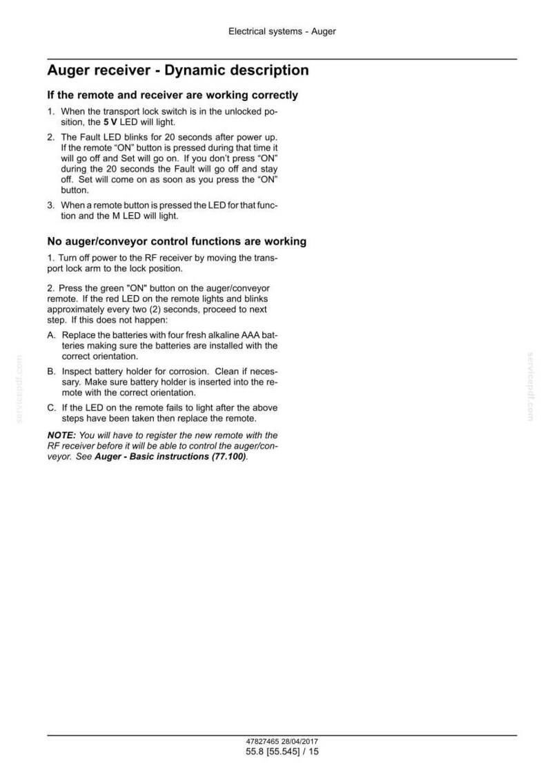 May include: A page from an electrical systems manual for an Auger receiver. The text includes instructions on how to troubleshoot the remote and receiver, including checking the LED lights and battery replacement.