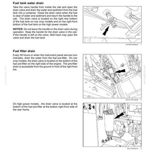 May include: A technical maintenance manual page titled 7-MAINTENANCE, detailing fuel tank and fuel filter water drain procedures. It includes three black and white line drawings with arrows pointing to specific valves and filters on machinery.
