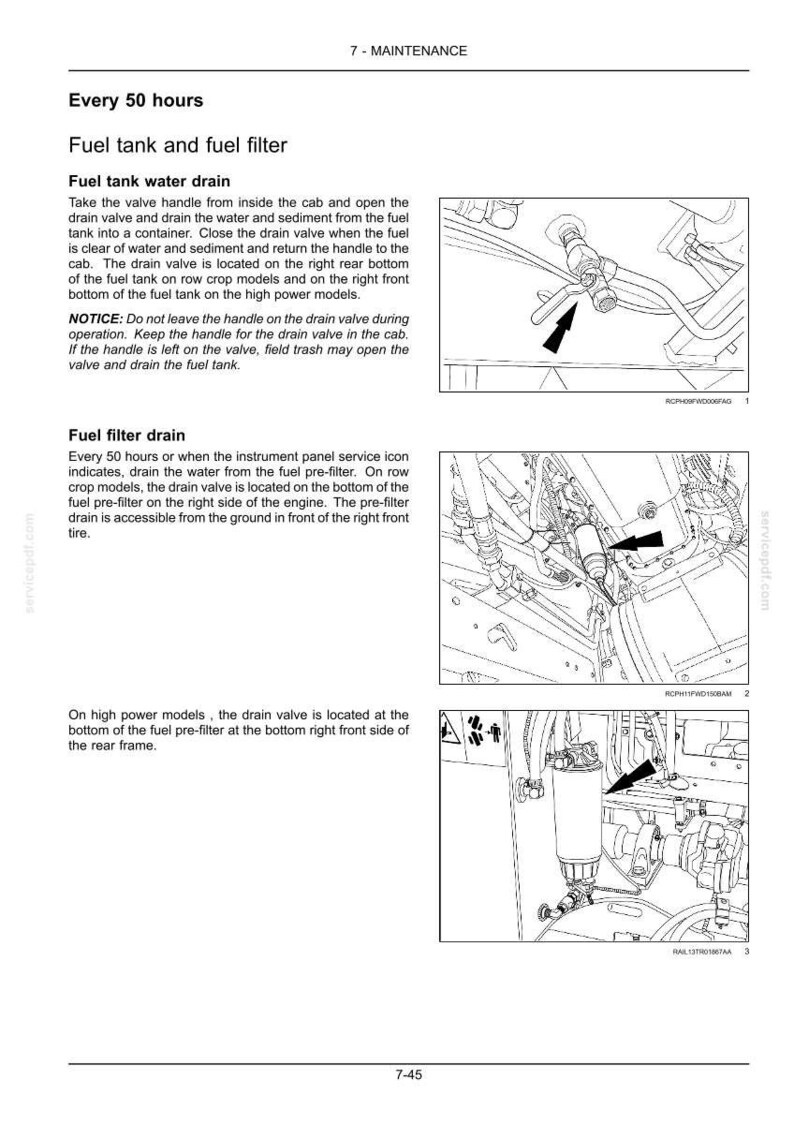 May include: A technical maintenance manual page titled 7-MAINTENANCE, detailing fuel tank and fuel filter water drain procedures. It includes three black and white line drawings with arrows pointing to specific valves and filters on machinery.