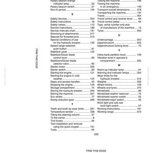 May include: A printed page from a manual with an alphabetical index of terms. The index includes terms like "Safety devices", "Starter motor", and "Wheels and tyres". The page has a white background with black text.