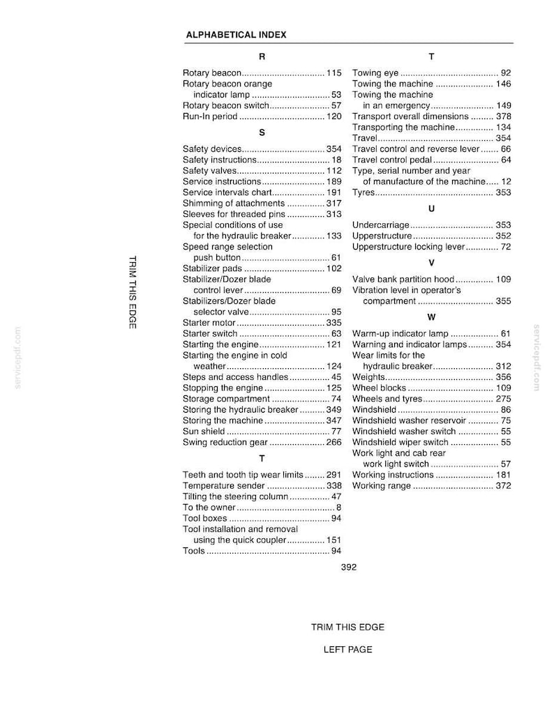 May include: A printed page from a manual with an alphabetical index of terms. The index includes terms like "Safety devices", "Starter motor", and "Wheels and tyres". The page has a white background with black text.
