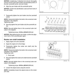 Op de afbeelding: Diagram van motoronderdelen, waaronder een krukas en vliegwiel, met montage-instructies. De afbeelding bevat illustraties van onderdelen en koppel specificaties in Newtonmeters en voet-pond.