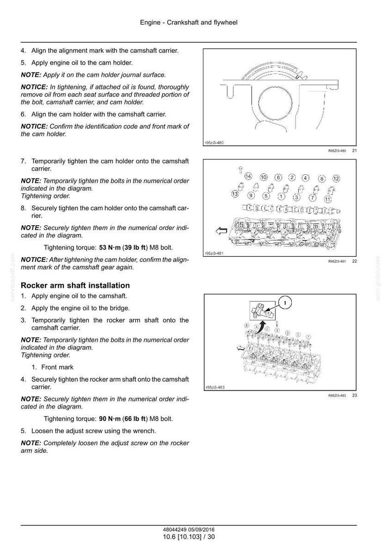 Op de afbeelding: Diagram van motoronderdelen, waaronder een krukas en vliegwiel, met montage-instructies. De afbeelding bevat illustraties van onderdelen en koppel specificaties in Newtonmeters en voet-pond.