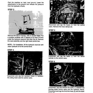 May include: A manual page detailing "Removal and Installation" procedures. It features diagrams and instructions for machinery maintenance, such as disconnecting hoses and draining oil. The text includes measurements in litres.