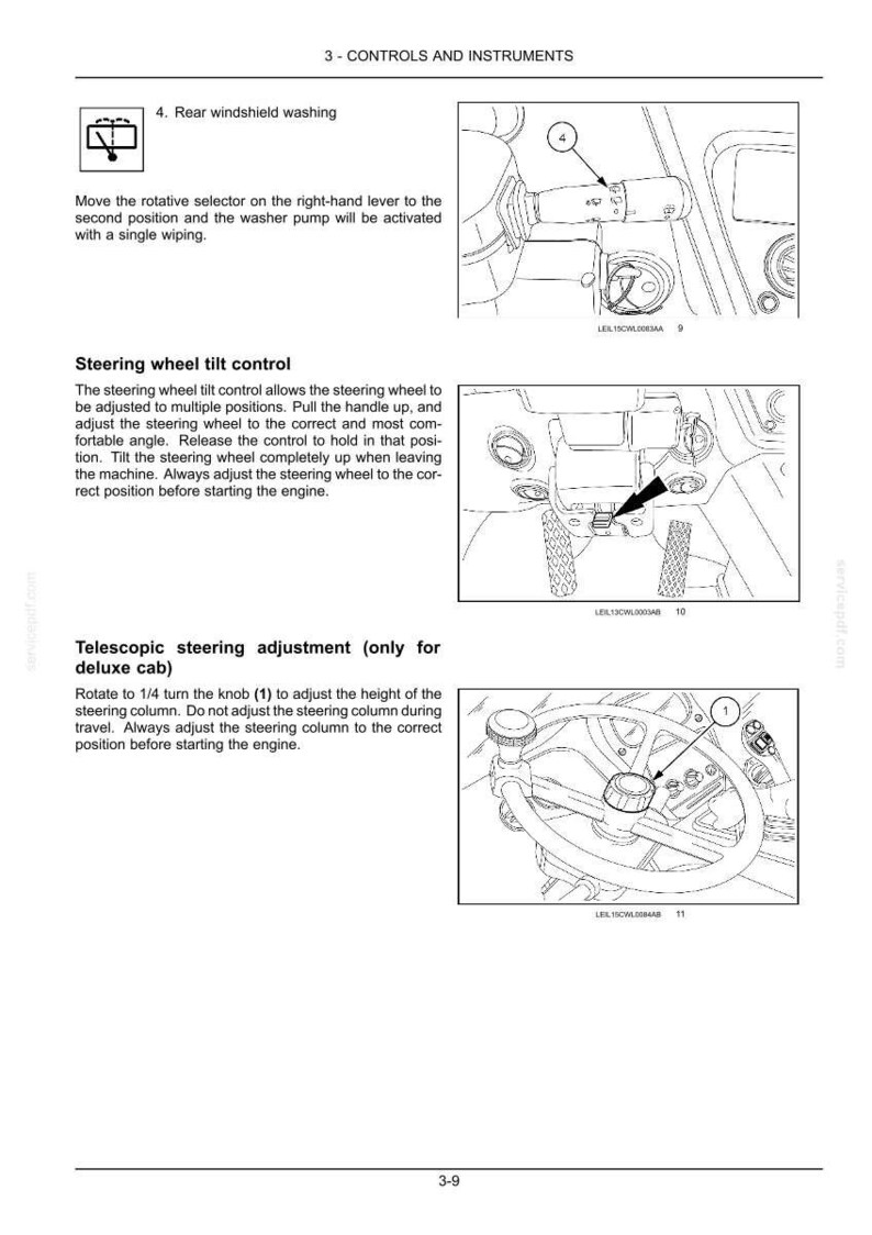 K&ouml;nnte beinhalten: Eine Seite aus einem technischen Handbuch mit dem Titel 3-CONTROLS AND INSTRUMENTS, die drei schwarz-wei&szlig;e Strichzeichnungen enth&auml;lt. Die Diagramme zeigen die Steuerung der Heckscheibenwaschanlage, einen Neigungsverstellhebel und einen Drehknopf.