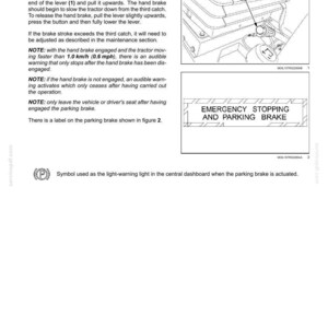 May include: A technical manual page titled 6-WORKING OPERATIONS detailing the parking brake. It includes instructions, a diagram of a lever with a red button labeled 1, a rectangular label reading EMERGENCY STOPPING AND PARKING BRAKE, and a symbol.