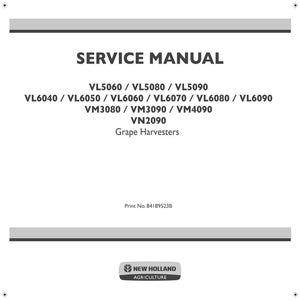 May include: A white service manual cover with the text "SERVICE MANUAL" in bold black letters. Below, model numbers for grape harvesters are listed. The New Holland Agriculture logo is at the bottom.