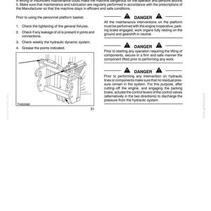 May include: A page from a manual titled "Chapter 2 - Personnel Platform" with maintenance instructions. Includes a diagram of a platform basket and safety warnings about engine maintenance and hydraulic systems.