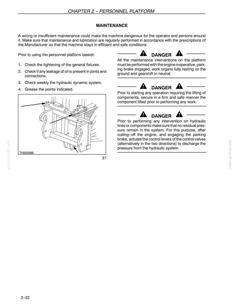 May include: A page from a manual titled "Chapter 2 - Personnel Platform" with maintenance instructions. Includes a diagram of a platform basket and safety warnings about engine maintenance and hydraulic systems.