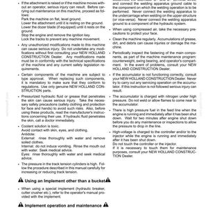 K&ouml;nnte beinhalten: Eine Seite mit dem Titel 2-SAFETY INFORMATION aus einem Handbuch von New Holland Construction. Der Text enth&auml;lt detaillierte Sicherheitshinweise zur Maschinenwartung, zu Schwei&szlig;verfahren, Hydraulikfl&uuml;ssigkeiten und Kraftstoffsystemen.