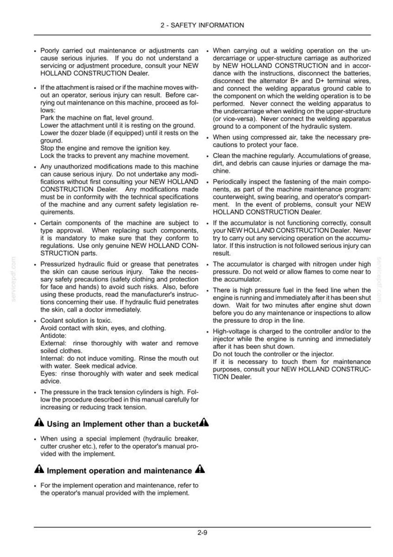 K&ouml;nnte beinhalten: Eine Seite mit dem Titel 2-SAFETY INFORMATION aus einem Handbuch von New Holland Construction. Der Text enth&auml;lt detaillierte Sicherheitshinweise zur Maschinenwartung, zu Schwei&szlig;verfahren, Hydraulikfl&uuml;ssigkeiten und Kraftstoffsystemen.