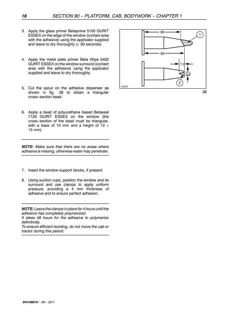 K&ouml;nnte beinhalten: Eine technische Handbuchseite mit dem Titel SECTION 90 - PLATFORM, CAB, BODYWORK - CHAPTER 1, die Anweisungen zur Anwendung der Grundierungen Betaprime 5100 und Beta Wipe 5402 sowie des Klebstoffs Betaseal 7120 enth&auml;lt, inklusive Diagramm mit Ma&szlig;en 60, 65, 7.0 und 3.0.