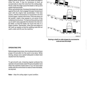 May include: Diagram illustrating land clearing techniques with a bulldozer. The image shows the blade cutting below ground to shear roots and the process of uprooting a tree. Text includes operating tips and safety precautions.