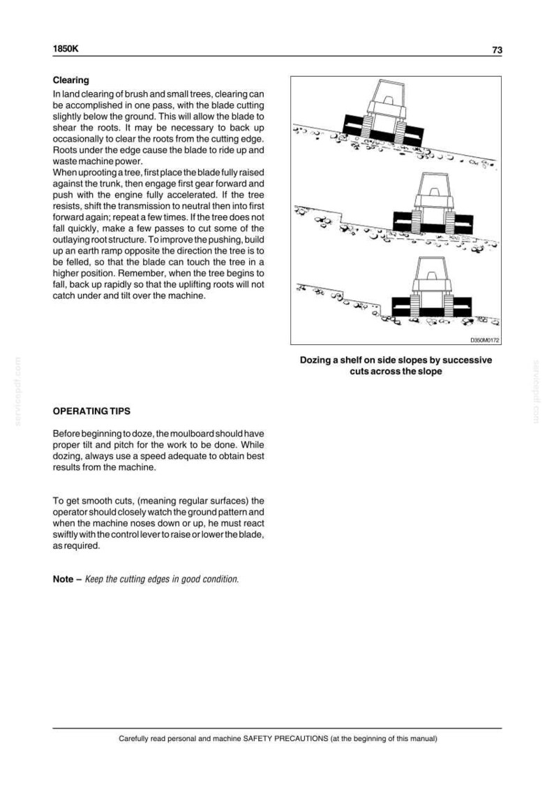 May include: Diagram illustrating land clearing techniques with a bulldozer. The image shows the blade cutting below ground to shear roots and the process of uprooting a tree. Text includes operating tips and safety precautions.