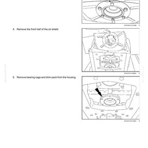 May include: Diagram from a manual showing steps for removing parts from a Power Take-Off (PTO) system. The image includes close-ups of mechanical components, bolts, and an oil shield. Text instructions accompany each step, detailing the removal process.
