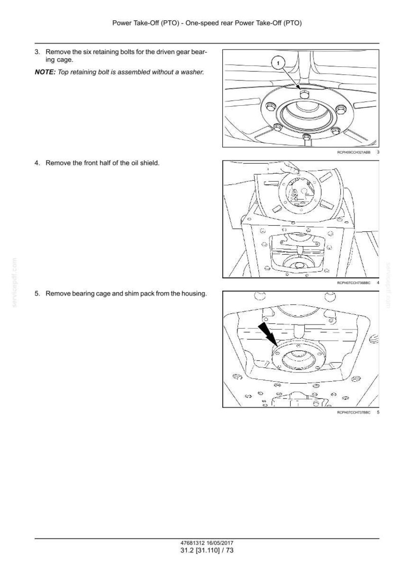 May include: Diagram from a manual showing steps for removing parts from a Power Take-Off (PTO) system. The image includes close-ups of mechanical components, bolts, and an oil shield. Text instructions accompany each step, detailing the removal process.