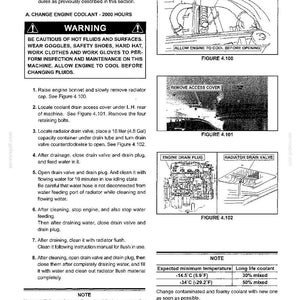 May include: A technical manual page titled Section IV - MAINTENANCE, detailing 2000-hour engine coolant change procedures. It includes text instructions, safety warnings, and three diagrams labeled Figure 4.100, 4.101, and 4.102 showing engine components.