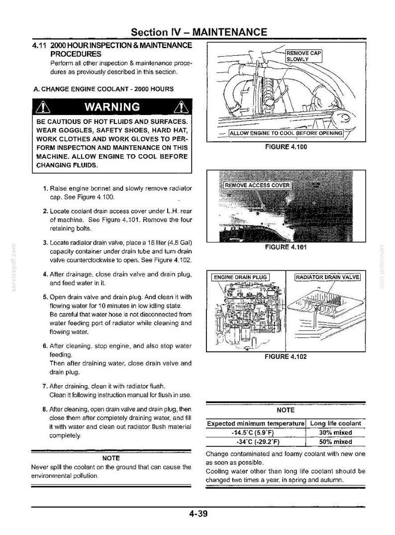 May include: A technical manual page titled Section IV - MAINTENANCE, detailing 2000-hour engine coolant change procedures. It includes text instructions, safety warnings, and three diagrams labeled Figure 4.100, 4.101, and 4.102 showing engine components.