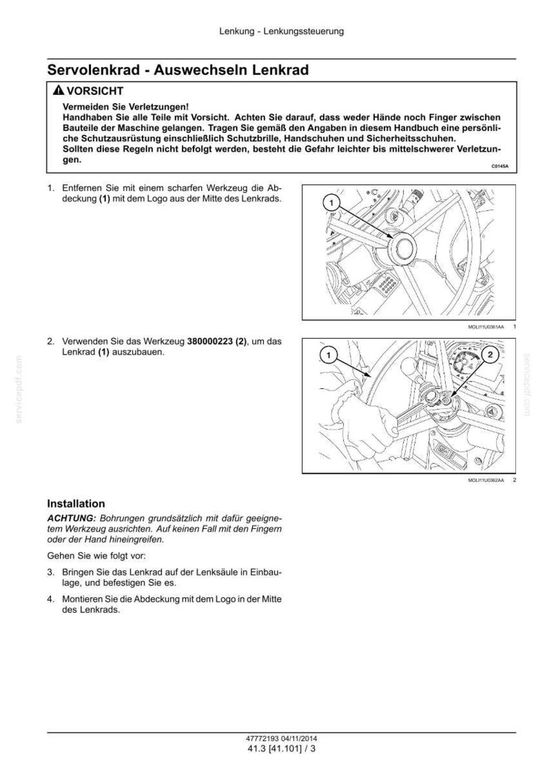 May include: A technical manual page titled Servolenkrad - Auswechseln Lenkrad, featuring black and white line drawings of a steering wheel assembly. It includes numbered diagrams, safety warnings in German, and instructions for removing and installing the steering wheel using tool 380000223.