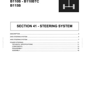 May include: A technical document page titled SECTION 41 - STEERING SYSTEM, listing model numbers B90B, B90BLR, B100BTC, B110B, B110BTC, and B115B. It includes a table of contents for steering system topics and a black square icon showing four wheels.