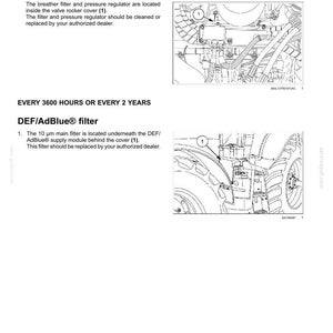 May include: A technical maintenance page titled 7-MAINTENANCE. It details engine breather filter replacement every 1800 hours or 2 years, and DEF/AdBlue filter replacement every 3600 hours or 2 years, featuring two black and white line art diagrams.
