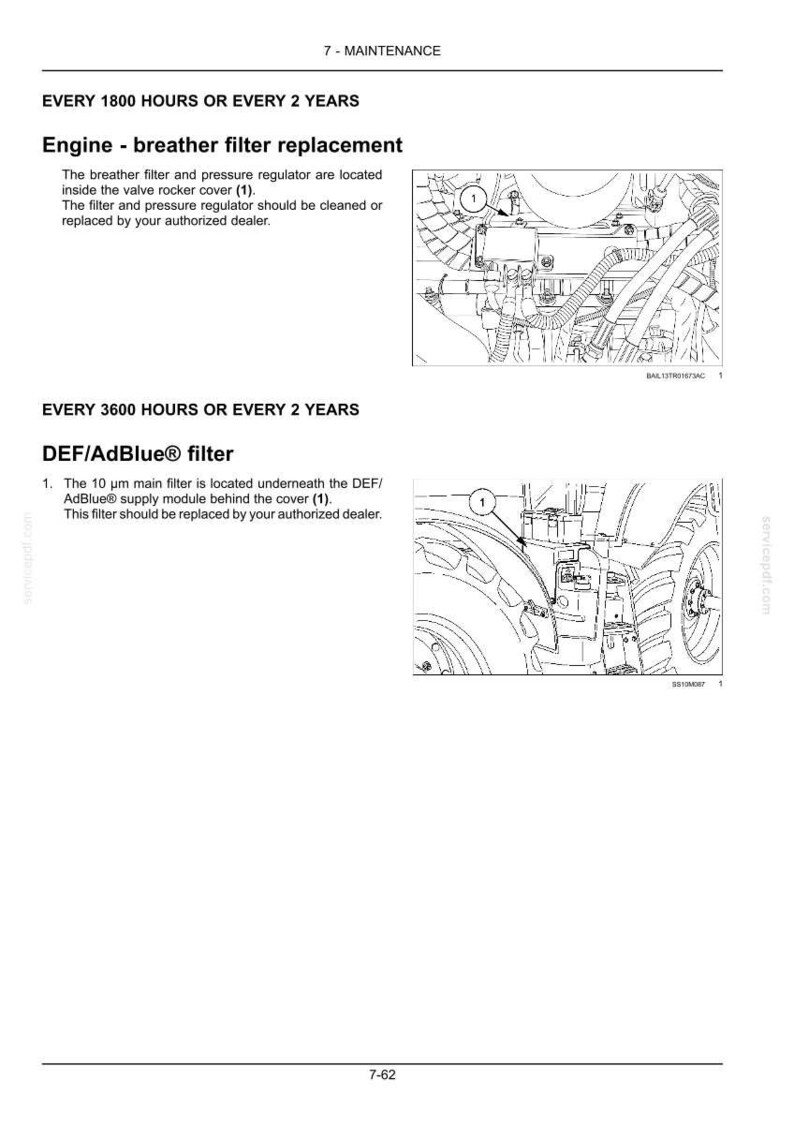 May include: A technical maintenance page titled 7-MAINTENANCE. It details engine breather filter replacement every 1800 hours or 2 years, and DEF/AdBlue filter replacement every 3600 hours or 2 years, featuring two black and white line art diagrams.
