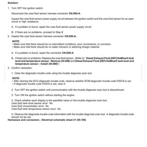 Op de afbeelding: Een pagina uit een handleiding voor elektrische systemen met foutcodes voor een ureumvloeistofkwaliteitssensorcircuit. De tekst bevat instructies voor probleemoplossing, met stappen om connectoren te inspecteren en de oplossing te bevestigen. Gedateerd 21/05/2015.