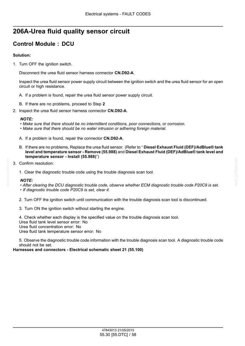 Op de afbeelding: Een pagina uit een handleiding voor elektrische systemen met foutcodes voor een ureumvloeistofkwaliteitssensorcircuit. De tekst bevat instructies voor probleemoplossing, met stappen om connectoren te inspecteren en de oplossing te bevestigen. Gedateerd 21/05/2015.