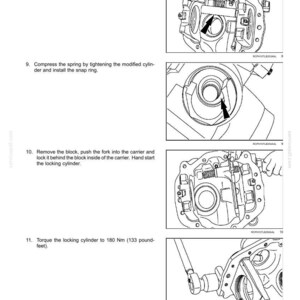 May include: Diagrams illustrating steps for rear axle system maintenance, including blocking a fork, compressing a spring, and torquing a locking cylinder to 180 Nm (133 pound-feet). The text includes instructions and part numbers.