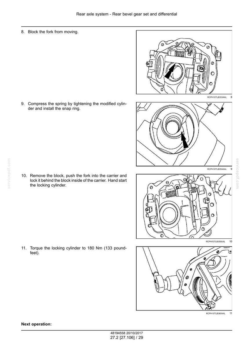 May include: Diagrams illustrating steps for rear axle system maintenance, including blocking a fork, compressing a spring, and torquing a locking cylinder to 180 Nm (133 pound-feet). The text includes instructions and part numbers.