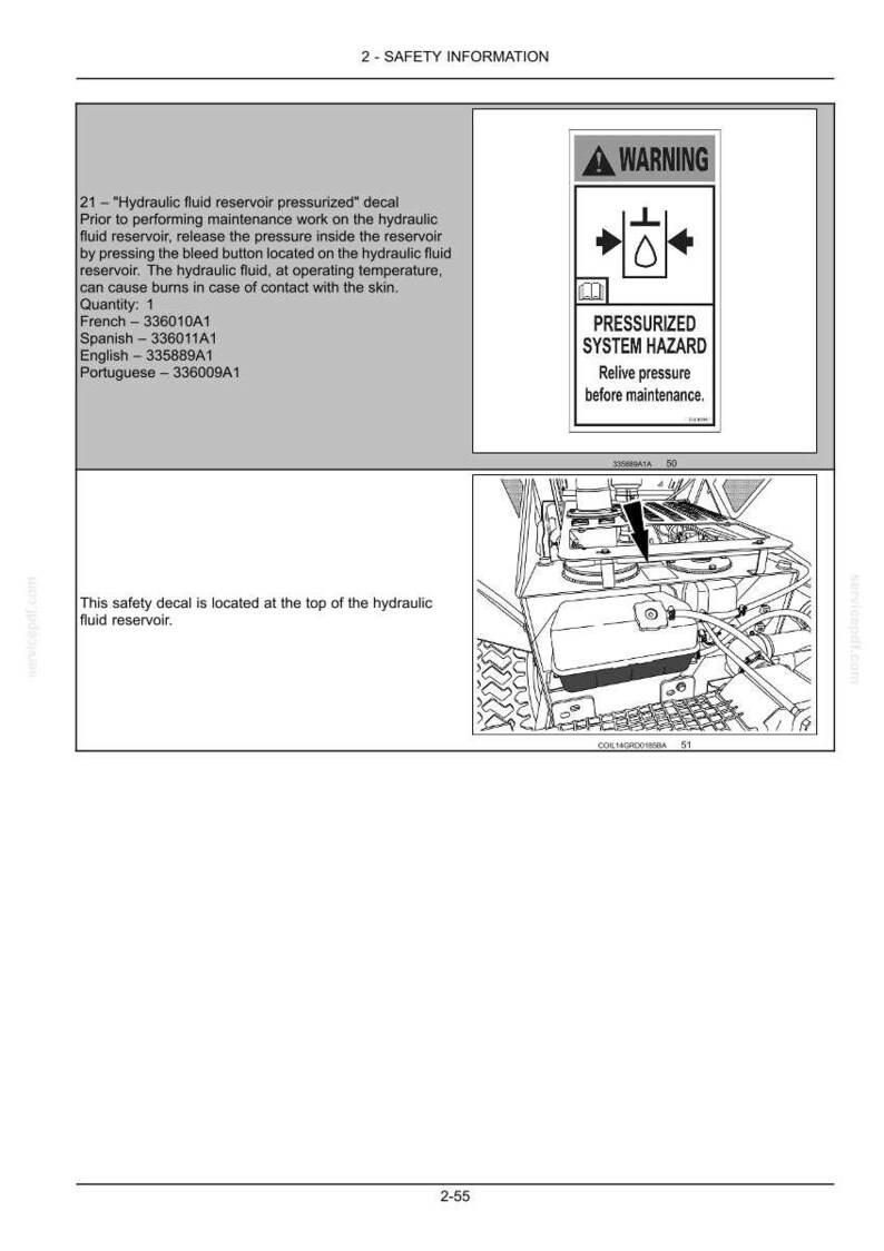 May include: A page from a manual with safety information. It features a warning label about pressurized systems, advising pressure relief before maintenance. There's also a diagram of a hydraulic fluid reservoir.