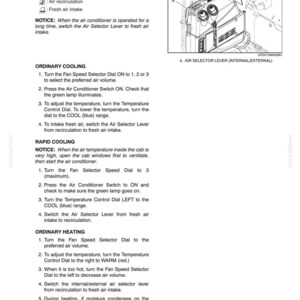 May include: A manual page showing vehicle instrument controls. It explains the Air Selector Lever, Fan Speed Selector Dial, and Air Conditioner Switch. Diagrams and instructions are provided for cooling and heating the vehicle's interior.