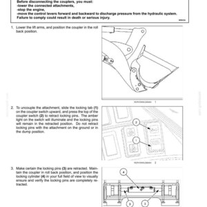 Pode incluir: Uma p&aacute;gina de manual t&eacute;cnico intitulada 6-WORKING OPERATIONS detalhando o desacoplamento de um acess&oacute;rio de m&aacute;quina. Inclui uma caixa de aviso, instru&ccedil;&otilde;es numeradas e tr&ecirc;s desenhos de linha em preto e branco do acoplador e pinos.
