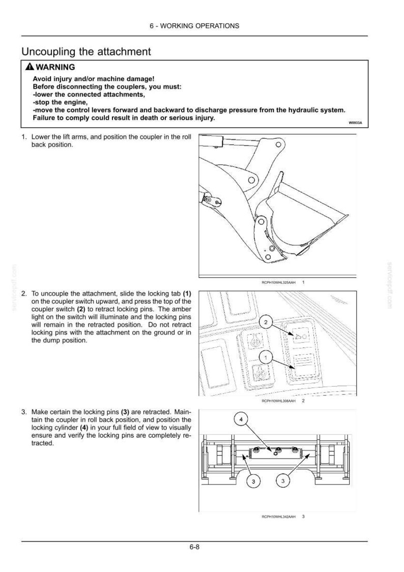 Pode incluir: Uma p&aacute;gina de manual t&eacute;cnico intitulada 6-WORKING OPERATIONS detalhando o desacoplamento de um acess&oacute;rio de m&aacute;quina. Inclui uma caixa de aviso, instru&ccedil;&otilde;es numeradas e tr&ecirc;s desenhos de linha em preto e branco do acoplador e pinos.