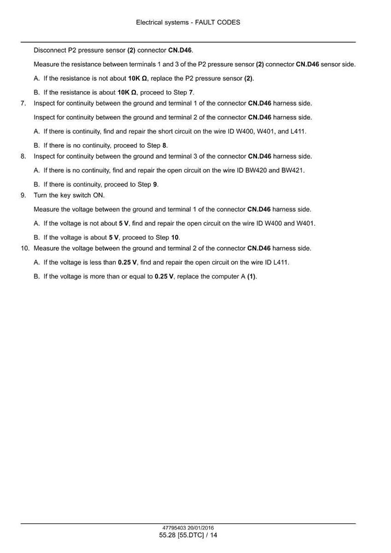 May include: A document titled "Electrical systems - FAULT CODES" with troubleshooting steps for a P2 pressure sensor. Instructions include measuring resistance, checking continuity, and voltage measurements. The document is dated 20/01/2016.
