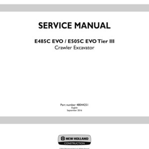 May include: A white service manual with the title "SERVICE MANUAL" in bold black font. The manual covers the E485C EVO / E505C EVO Tier III Crawler Excavator. The part number is 48044251, and it was published in September 2016.
