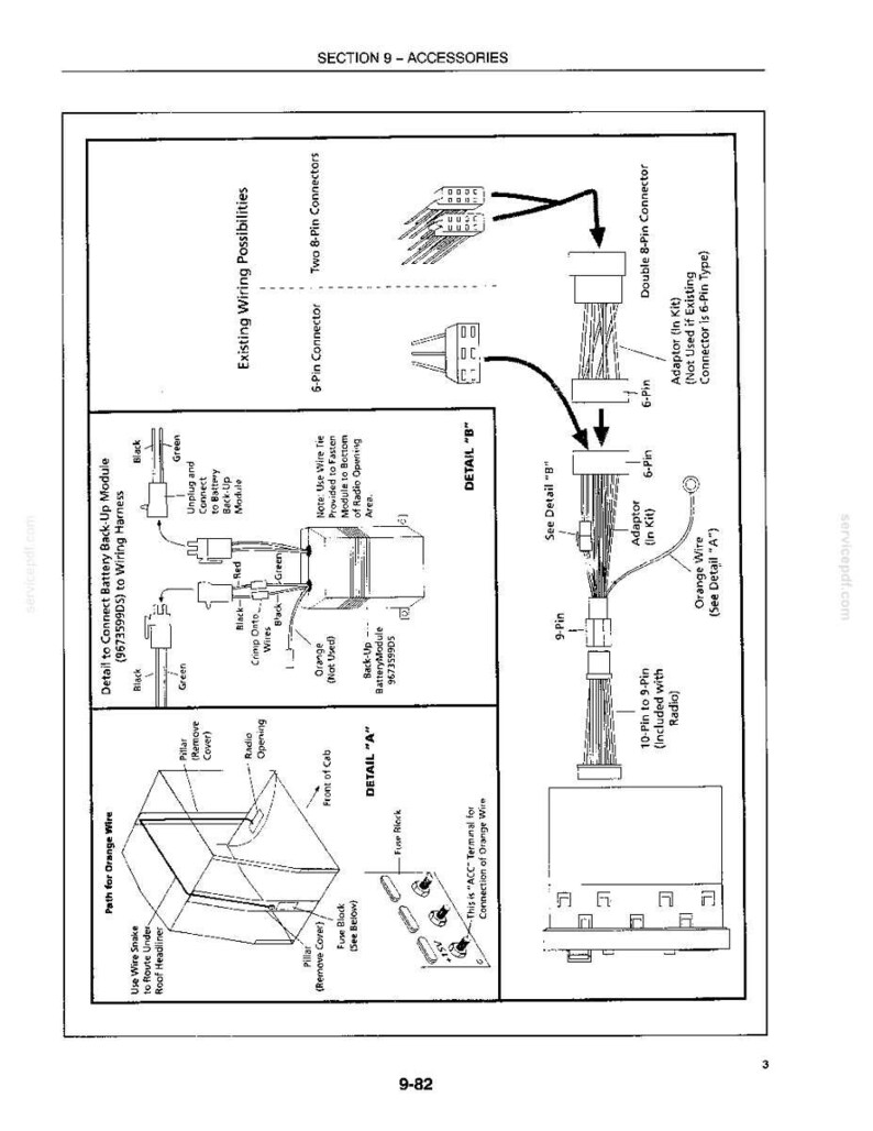 May include: Diagram showing car radio wiring accessories, including connectors, wiring harnesses, and a battery back-up module. The diagram has labels and arrows indicating connections and routing.