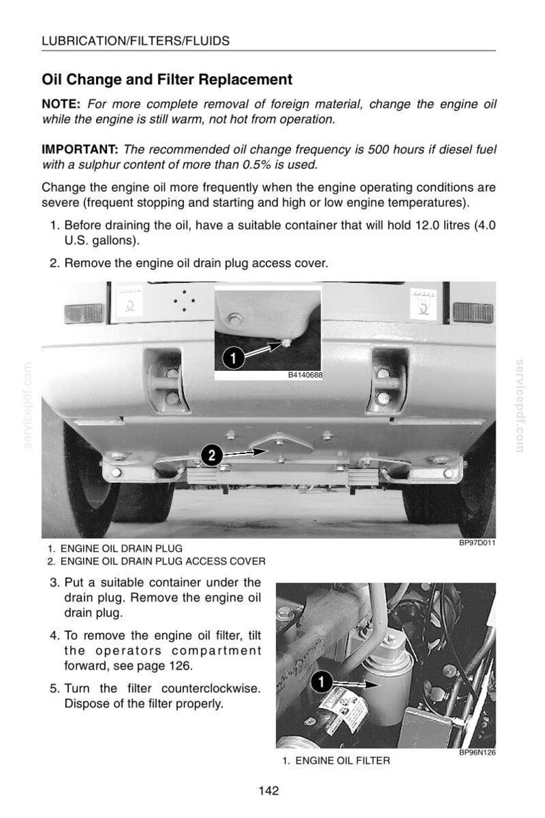 May include: Diagram of oil change and filter replacement instructions. Includes images of the engine oil drain plug, access cover, and oil filter. Text provides step-by-step instructions for the process.
