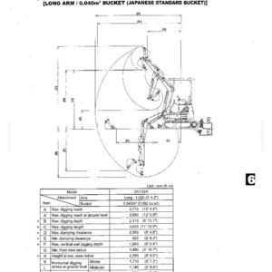 May include: A technical specification diagram for the SK13SR excavator, featuring a line drawing of the machine's working range with a long arm and 0.040m&sup3; bucket. A table lists dimensions in inches and feet for digging reach, depth, and height.