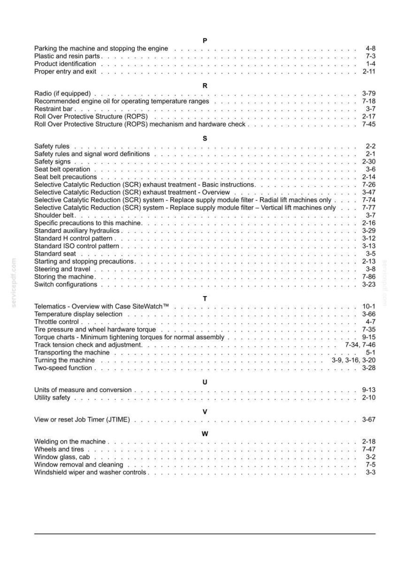 Puede incluir: Un detallado &iacute;ndice de un manual de servicio, con secciones sobre normas de seguridad, mantenimiento del motor y funcionamiento de la m&aacute;quina. El texto es negro sobre fondo blanco.