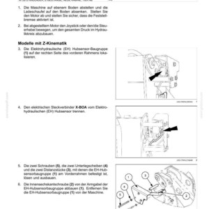 May include: Diagram of a mechanical system with labels and arrows, including text in German. The image shows detailed instructions for removing an electrohydraulic hub sensor, with numbered steps and component illustrations.