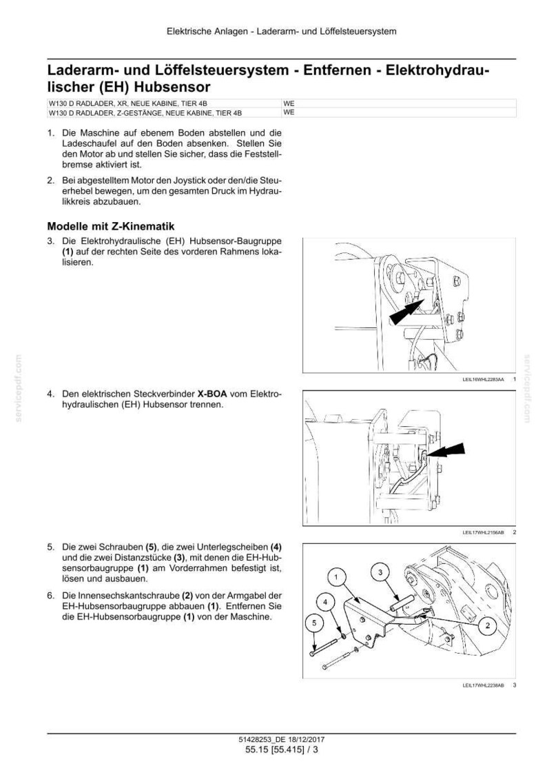 May include: Diagram of a mechanical system with labels and arrows, including text in German. The image shows detailed instructions for removing an electrohydraulic hub sensor, with numbered steps and component illustrations.
