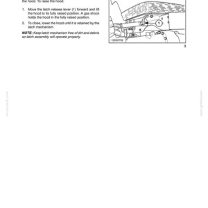 May include: A technical manual page titled SECTION 3 - LUBRICATION AND MAINTENANCE featuring instructions for a HOOD LATCH. It includes a black and white line drawing of a vehicle hood mechanism with a numbered lever and the reference code 10032702.
