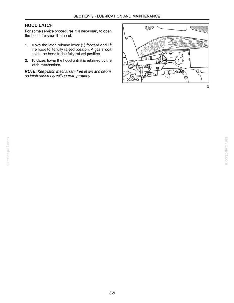 May include: A technical manual page titled SECTION 3 - LUBRICATION AND MAINTENANCE featuring instructions for a HOOD LATCH. It includes a black and white line drawing of a vehicle hood mechanism with a numbered lever and the reference code 10032702.