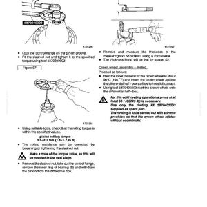 May include: Technical diagram from a handbook detailing rear axle repair procedures. Includes illustrations of tools and steps for tasks like tightening nuts, measuring thicknesses, and riveting components. Text includes torque specifications.