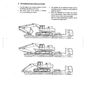 K&ouml;nnte beinhalten: Eine technische Zeichnung mit drei Konfigurationen f&uuml;r den Transport eines Baggers auf einem Tieflader. Der Text gibt ein Maschinengewicht von 44,4 Tonnen mit 900 mm breiten Kettenplatten und eine Gesamtbreite von 3650 mm f&uuml;r die Maschine an.